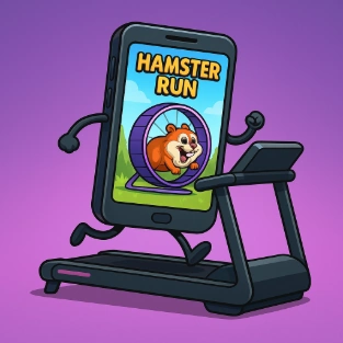 Un teléfono inteligente en una cinta de correr y un juego en él Hamster Run juego de Casino